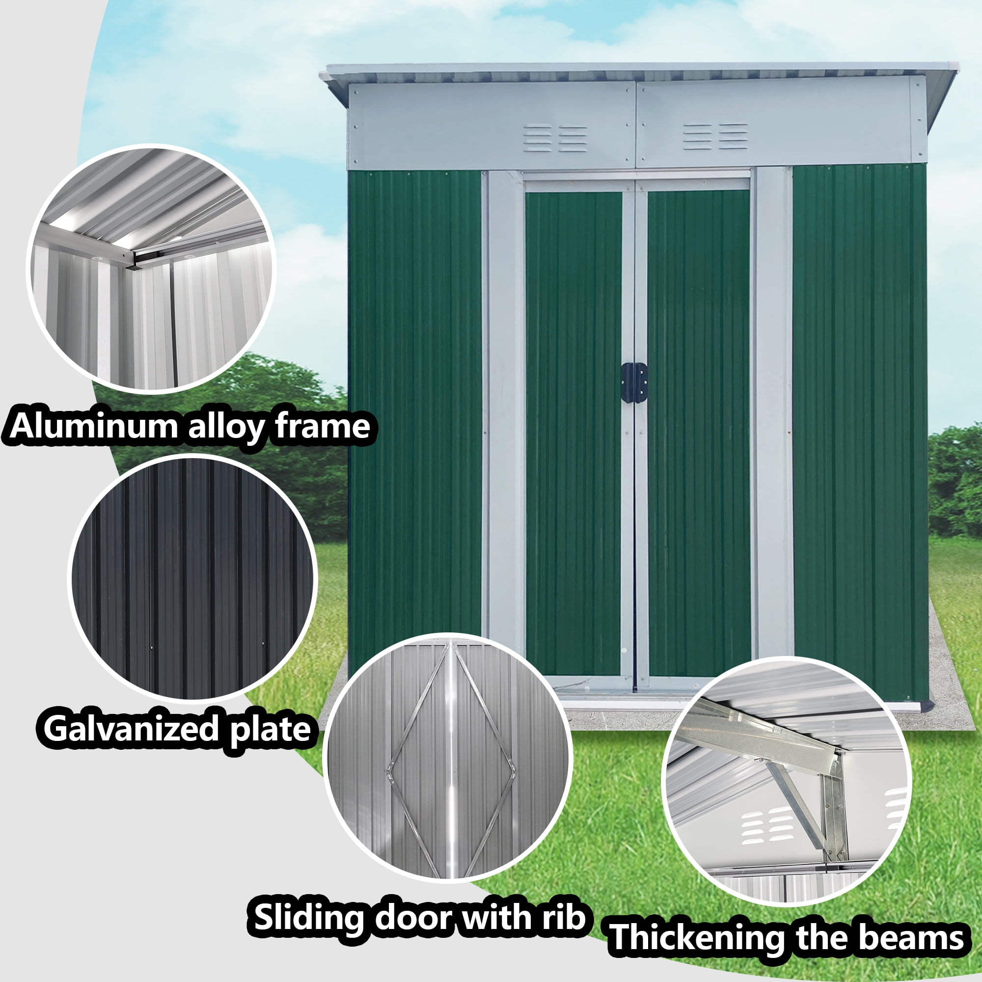 EXRACING Shed 5*3 ft Outdoor Metal Storage Shed with Double Door Steel Garden Shed Single Slope Roof,Green