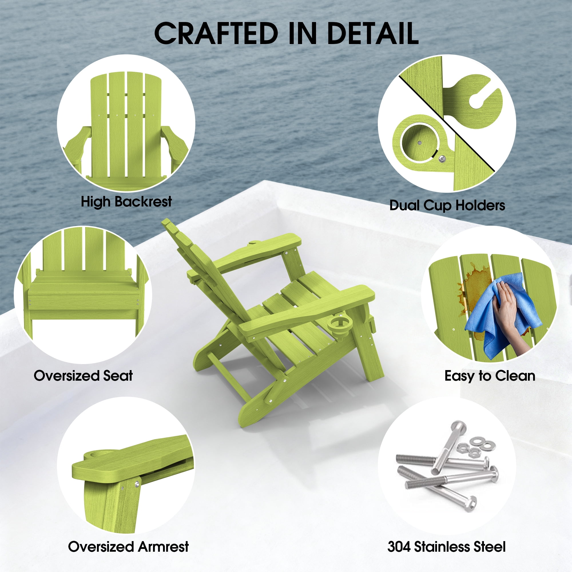 SUUNYN Folding Adirondack Chair, HDPE All-Weather Fire Pit Chairs, Plastic Adirondack Chairs with 2 Cup Holder,Light Green