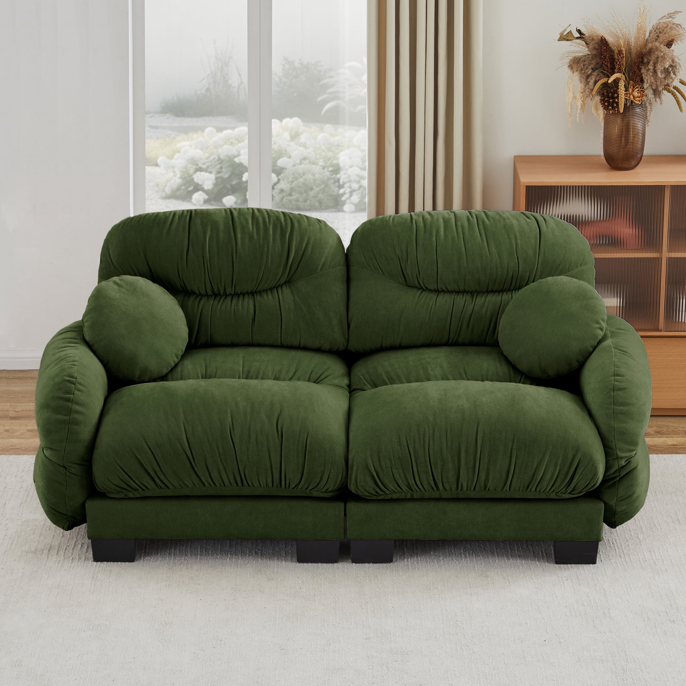 Noble House Corlan Pleated Chenille 2-Seater Sectional Sofa, Modular Deep Seat Couch with Throw Pillows, Green