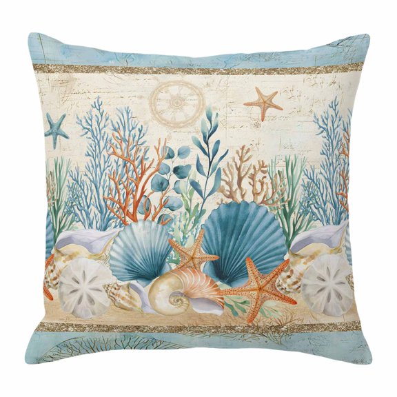 Throw Pillow Covers 18x18 Inch, Starfish Coastal Blue Decorative Pillow Cases for Couch Sofa Bed, Summer Ocean Coral Conch Vintage Cotton Linen Square Home Decor Pillowcases with Hidden Zipper