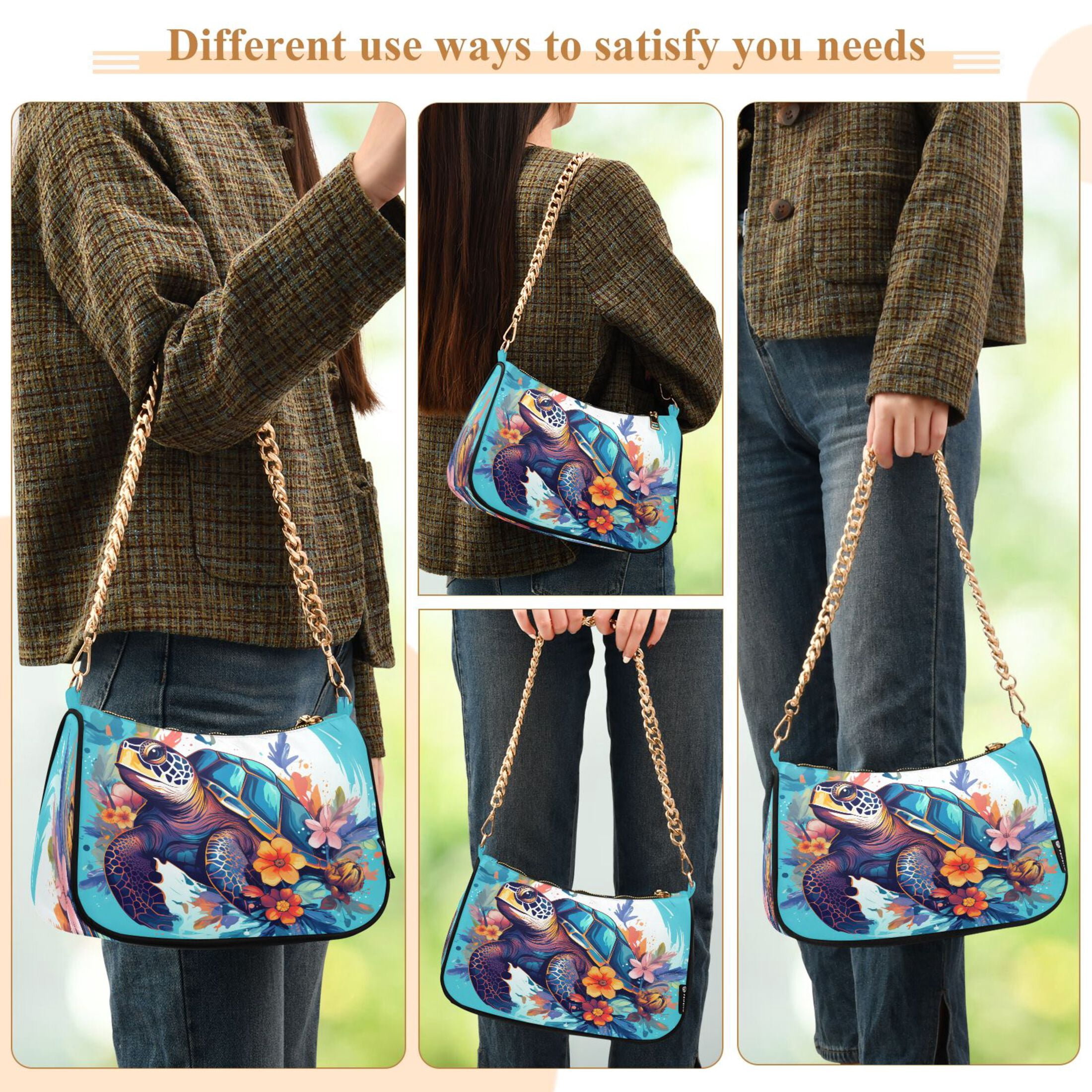 Ryvnso Sea Turtle with Floral Womens Chain Shoulder Bag Tote Handbags Clutch Hobo Purse with Zipper for Travel