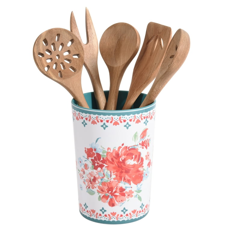 THE PIONEER WOMAN 6 Piece Gorgeous Garden Utensil Crock with Wood