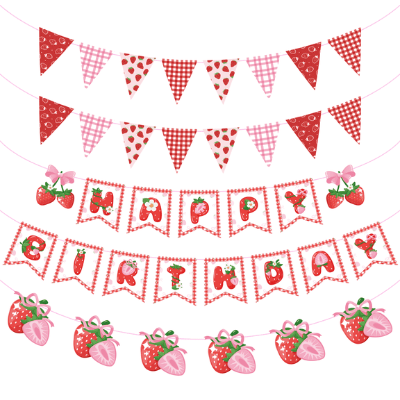 Sinekong Strawberry Happy Birthday Banner Decorations, Berry Triangle Flag for Berry Sweet Girl Party Baby Shower Hanging Supplies