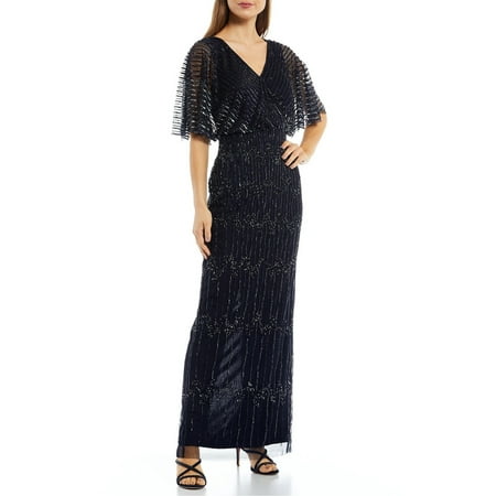 Adrianna Papell V Neck Short Flutter Sleeves Back Zipper Long Beaded Dress-NAVY GUNMETAL