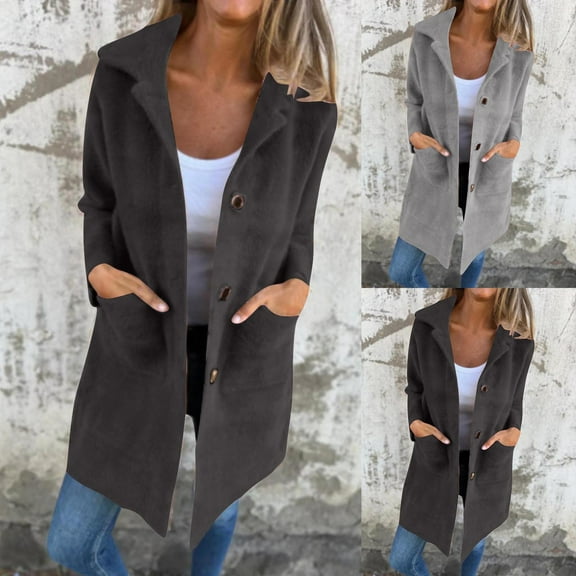Hvyesh Fleece Jackets for Women Lapel Collar Mid Length Pea Coats Single Breasted Solid Trench Coat Long Sleeve Casual Outwear