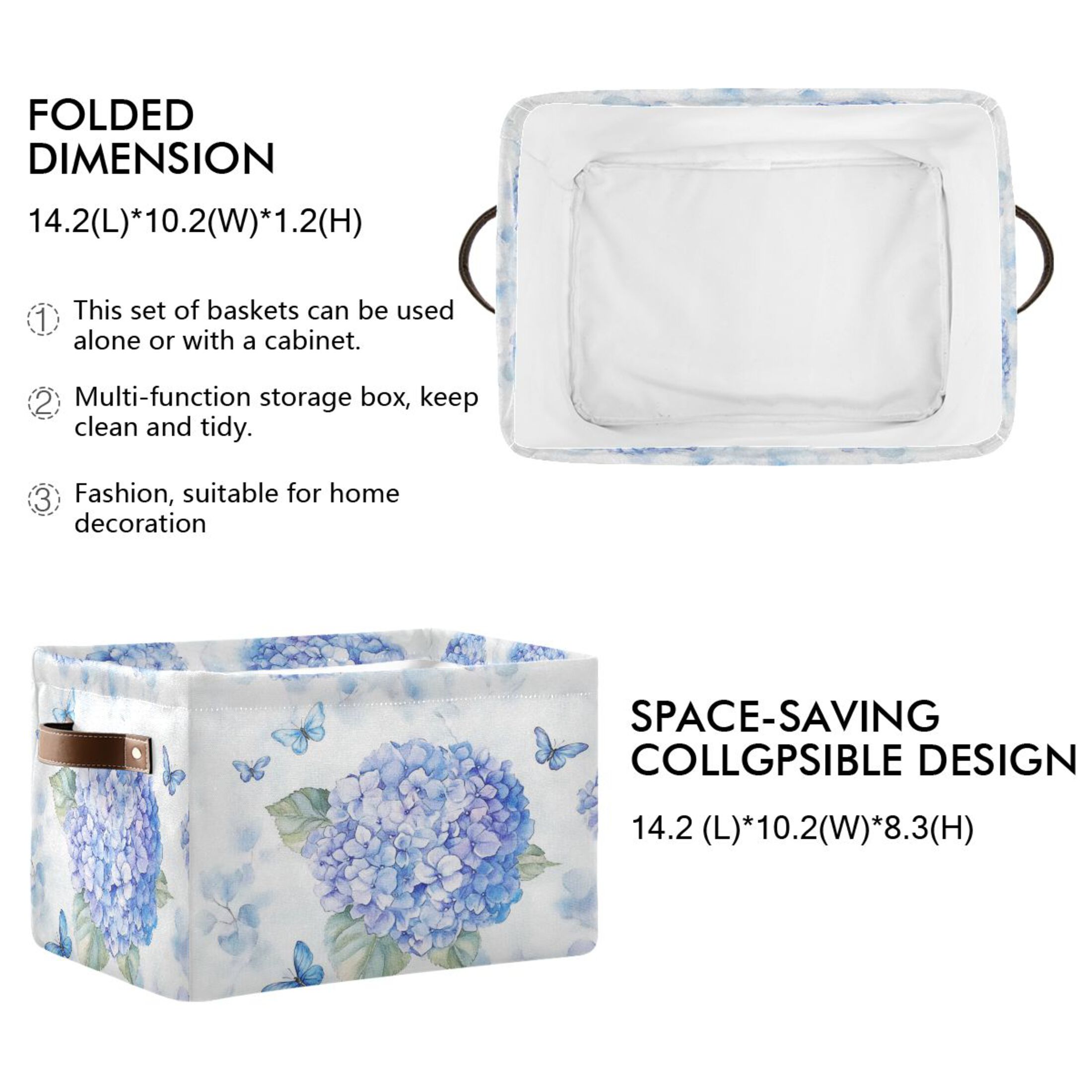 Blue Hydrangea Pattern Foldable Storage Basket,Canvas Fabric Foldable Storage Bins with Handles Open Home Storage Bins Boxes for Toy Book Shelf Closet Baskets