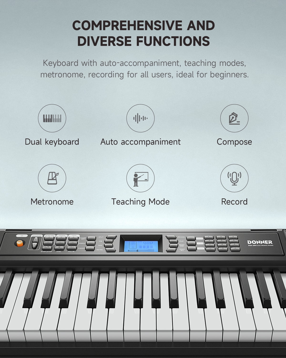 Donner DEK-200 61-Key Piano Full-Size Electronic Keyboard Set, Auto Accompaniment, Metronome,, Includes 300 Tones, with Stand, Bench, Microphone