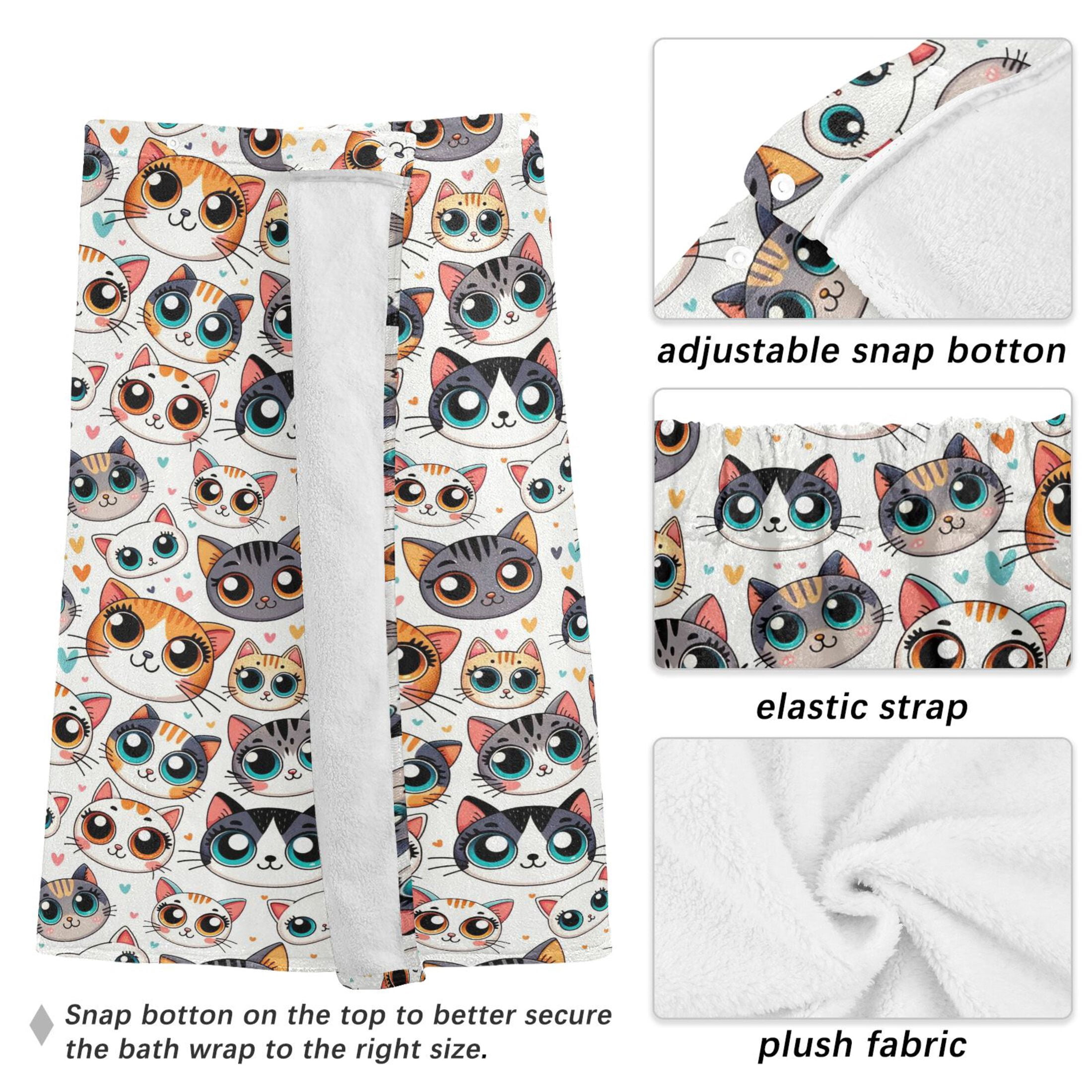 Mens Shower Wrap Adjustable Bath Wrap Towel Body Towels for Gym Shower Sauna Spa Cartoon Cat Face with Big Eye 60x28