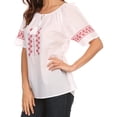 thumbnail image 4 of Sakkas Jeanita Embroidered Cotton Boho Short Sleeve Top Blouse With Front Tie - Red - Large, 4 of 4