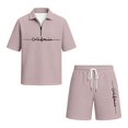thumbnail image 4 of Men Solid Waffle Knit 2 Piece Set,Zip Neck Polo With California Letter Print & Drawstring Shorts Summer Casual Outfit Khaki L, 4 of 4