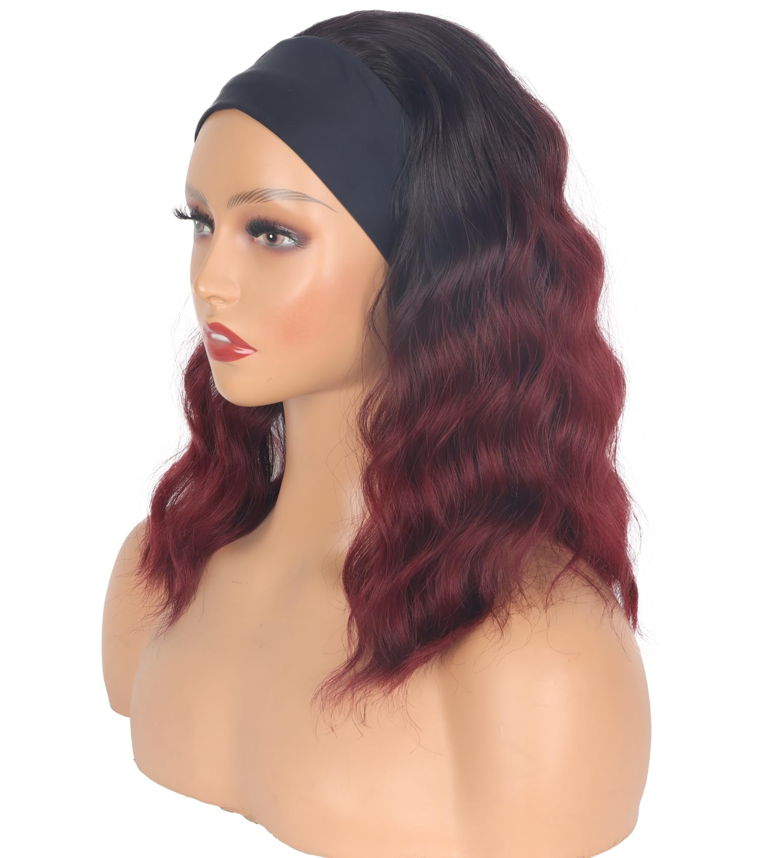 Black Headband Wigs With Brown Highlights For Women 14 Inch Wavy Heat Resistant Synthetic Soft Light Natural Looking Hair Replacement Wigs