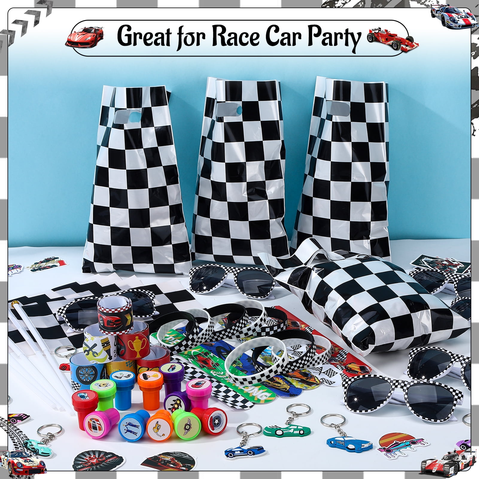 sixwipe 107 Pcs Race Car Party Favors Set, Car Themed Birthday Party Decorations, Goodie Bag Stuffer Pinata Filler with Racing Glasses and Flags, Cars Themed Favors for Wheel Birthday Decor