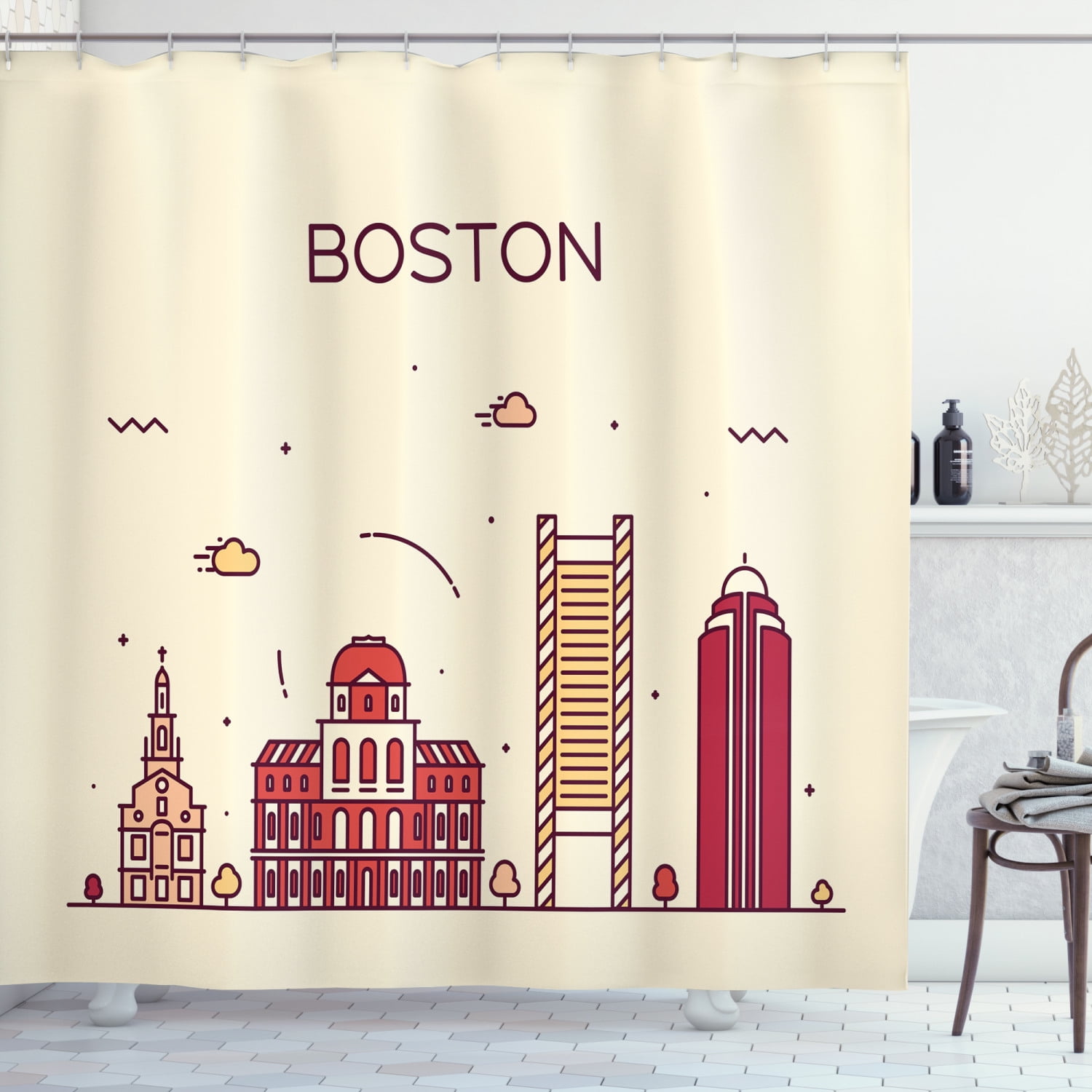 Boston Shower Curtain, Simplistic Design of Iconic Buildings and