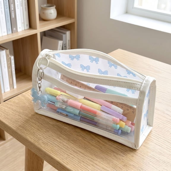 ShaoXinWan Double Layer Semi Transparent Bow Pencil Case, Large Capacity PVC Stationery Pouch, Elegant Organizer for Office Supplies, Travel Cosmetics and Daily Storage
