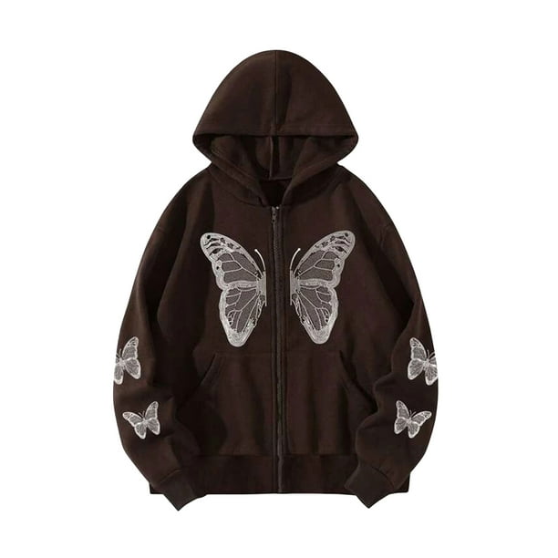 VISgogo Sudaderas con Capucha para Mujer Sudaderas, Chaqueta de Estilo Suelto con Cierre de Cremallera y Patrón de Mariposa de Manga Larga VISgogo moda