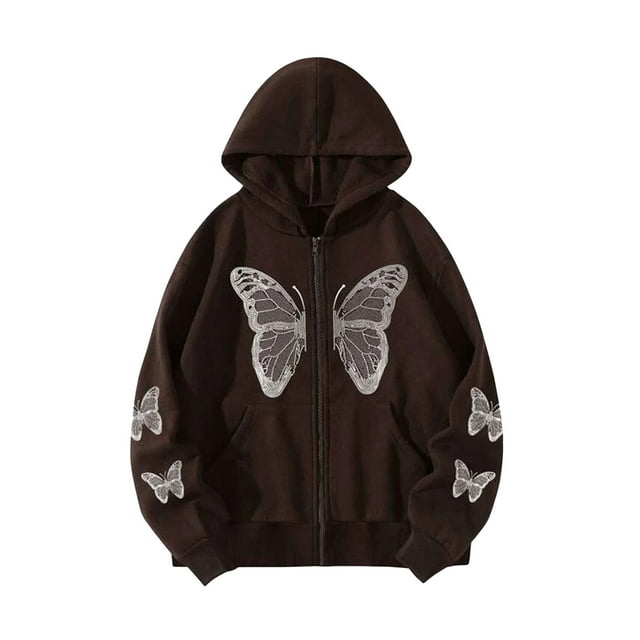 VISgogo Sudaderas con Capucha para Mujer Sudaderas, Chaqueta de Estilo Suelto con Cierre de Cremallera y Patrón de Mariposa de Manga Larga VISgogo moda