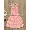 thumbnail image 4 of Seyurigaoka Kid Girl Three-Piece Outfits, Solid Color Sleeveless Tie-Up Ruched Tops + Multi-Layer Sweet Skirt + Bowknot Headband, 4 of 8