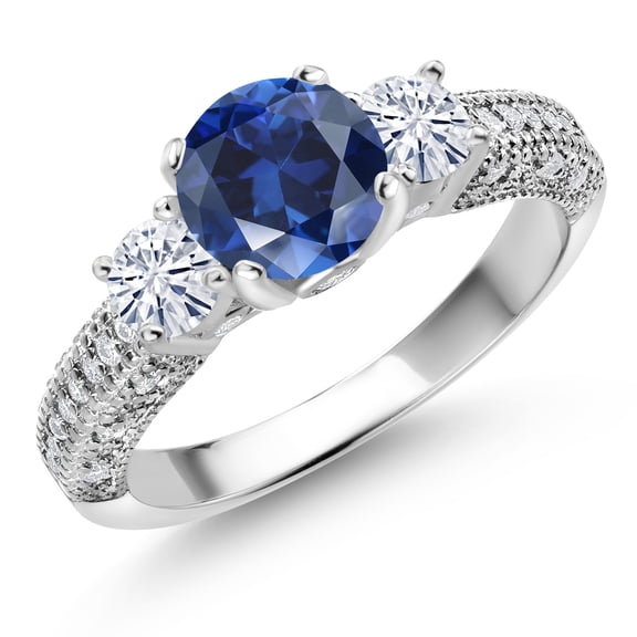 Gem Stone King 925 Sterling Silver Blue Created Sapphire and White Moissanite Engagement Ring for Women (2.14 Cttw, Gemstone September, Round 7MM and 4MM, Size 8)
