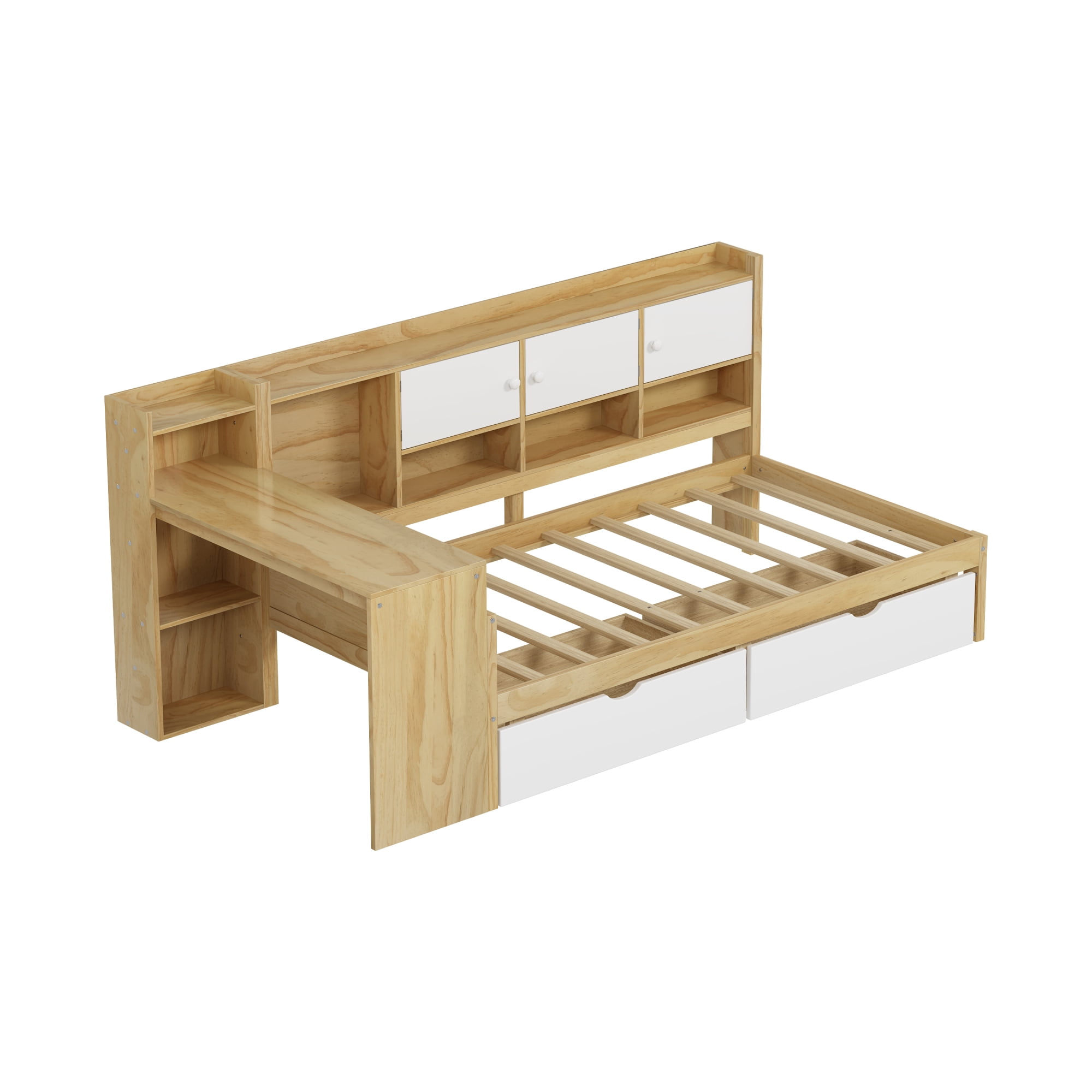 Leumius Wooden Twin Size Corner Bed Frame with Seven Storage Cabinets and Two Storage Drawers,Multi-functional Daybed with Study Desk and Built-in Bookshelf, Natural+White