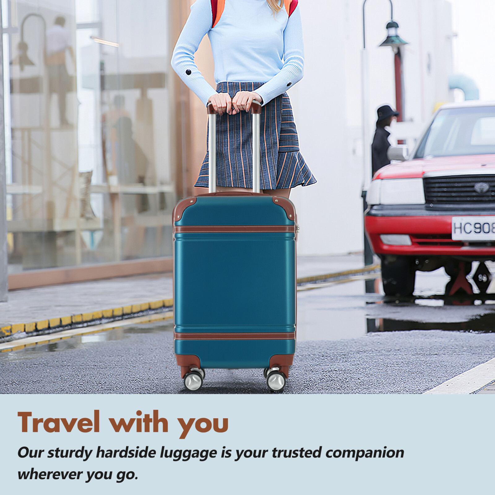 Hardshell Luggage Sets 3 Piece with Telescopic Handle, 24" Lightweight Suitcase with Double Spinner Wheels and Lock, Vintage Luggage for Travel, Blue