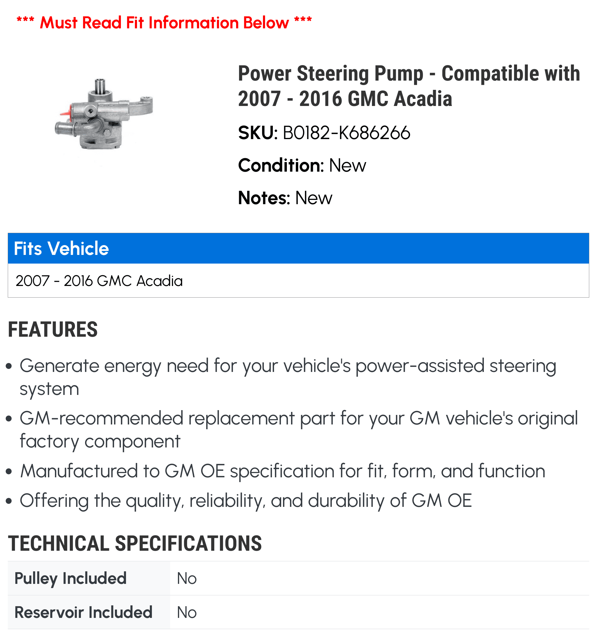 Power Steering Pump - Compatible with 2007 - 2016 GMC Acadia - AC Delco