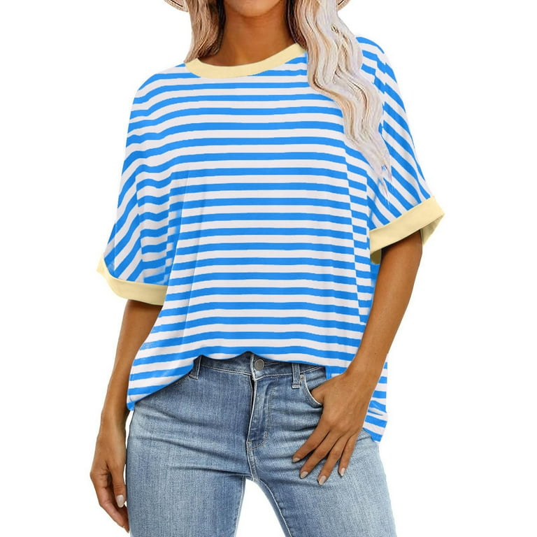 Womens Short Sleeve Shirts Casual Loose Striped Color...