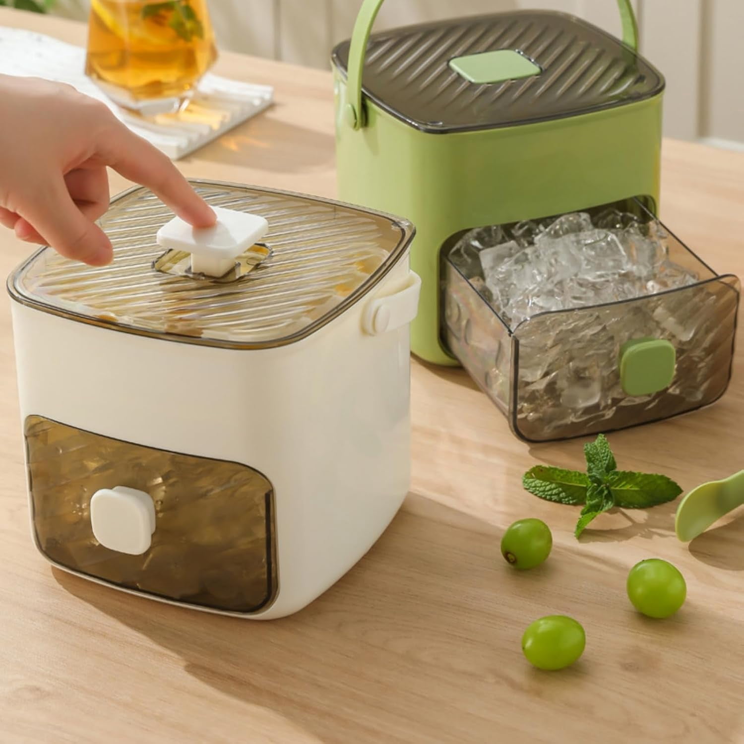 48-Compartment Portable Ice Cube Maker, Hand-Press Ice Tray with Storage Bin, Includes Lid, Bin, and Tongs, for Whiskey, Cocktails, Coffee, Office and Outdoor Use (Green)