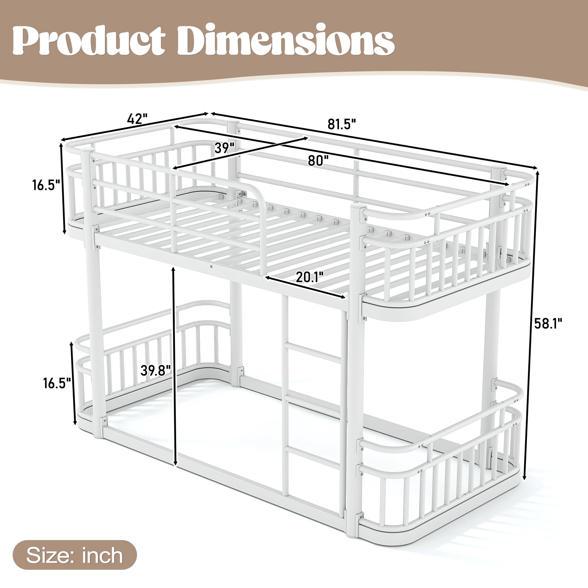 Twin XL Over Twin XL Bunk Bed 81.5 Inch, Metal Bed Frame with Ladder and Guardrails for Teens Adults, Sturdy Round Pipe Construction, No Box Spring Needed, White