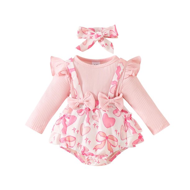 Odeerbi 0-18 Meses Niñas Conjunto de San Valentín Vestido Con Body de Algodón de Verano Y Cinta Para La Cabeza Conjunto de Dos Piezas Mono Con Volantes Con Estampado de Amor