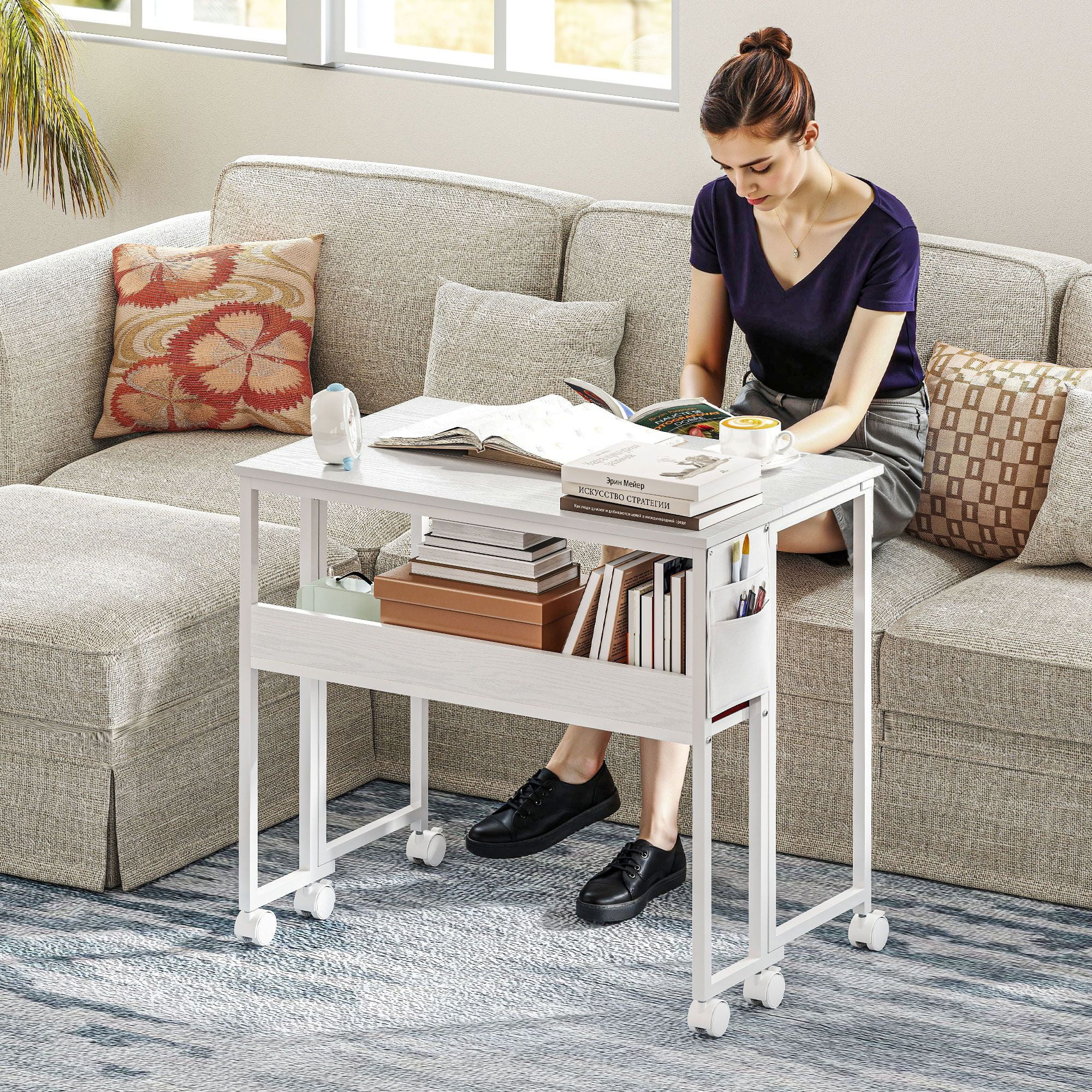Drop Leaf Rolling Computer Desk, Foldable Depth 19.7" to 8.3" Mobile Writing Table with Open Shelf & Side Storage Bag, 6 Swivel Casters 110lbs Capacity for Small Spaces