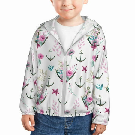 

Sun Hoodie for Kids pink flowers anchor starfish vintage Long Sleeve Swim Fishing Shirts Sun Protection Zip Up Jacket Clothing Athletic Hoodie