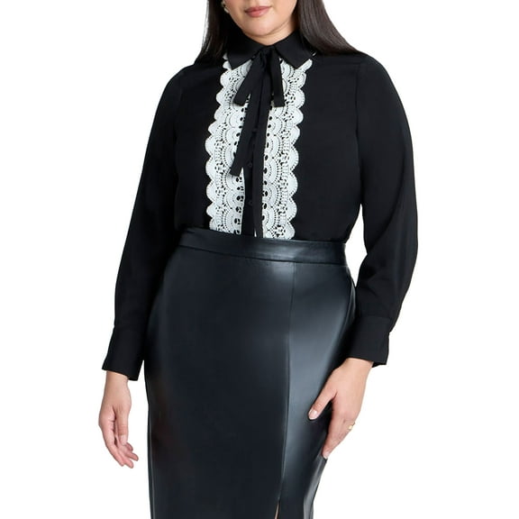 ELOQUII Women's Plus Size Collared Shirt With Lace-Trimmed Placket