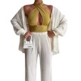 thumbnail image 3 of VISgogo - Conjunto de pantalones para mujer, blusa fruncida de manga larga con cuello en V y cuello de solapa + pantalones elásticos de longitud completa VISgogo moda, 3 of 9