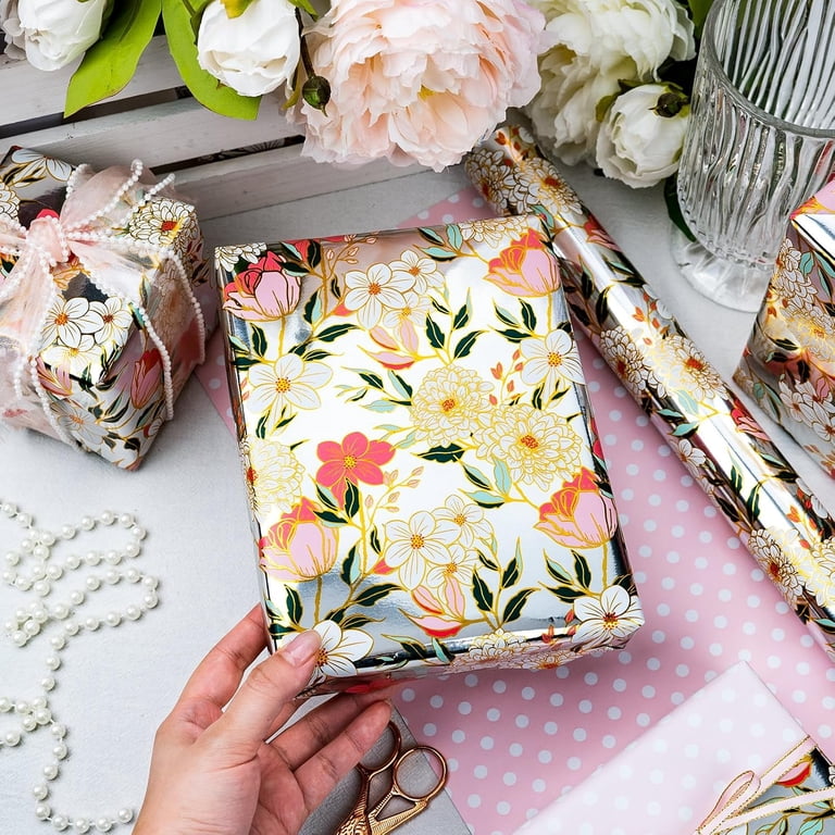 HOMERAL Reversible Floral Wrapping Paper, Pink Flowers, 17" x 33 Feet photo 3