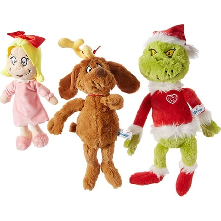 Aurora Cindy Lou Who 12", Grinch Santa 19", and Max 18" Christmas Plush Set of 3