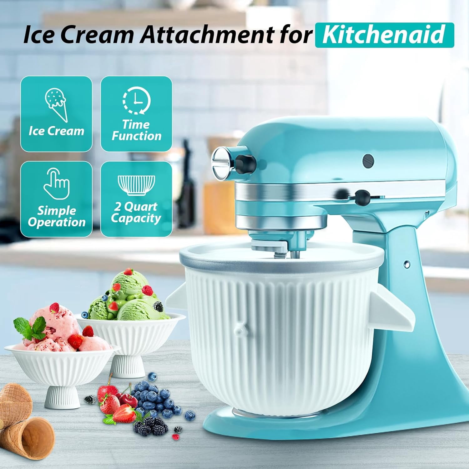 Ice Cream Maker Attachment for Stand Mixer, Ice Cream Bowl Compatible with 4.5Qt and Larger Stand Mixers, Ice Cream & Sorbet Gelato Maker Attachment, 2 Quart, White