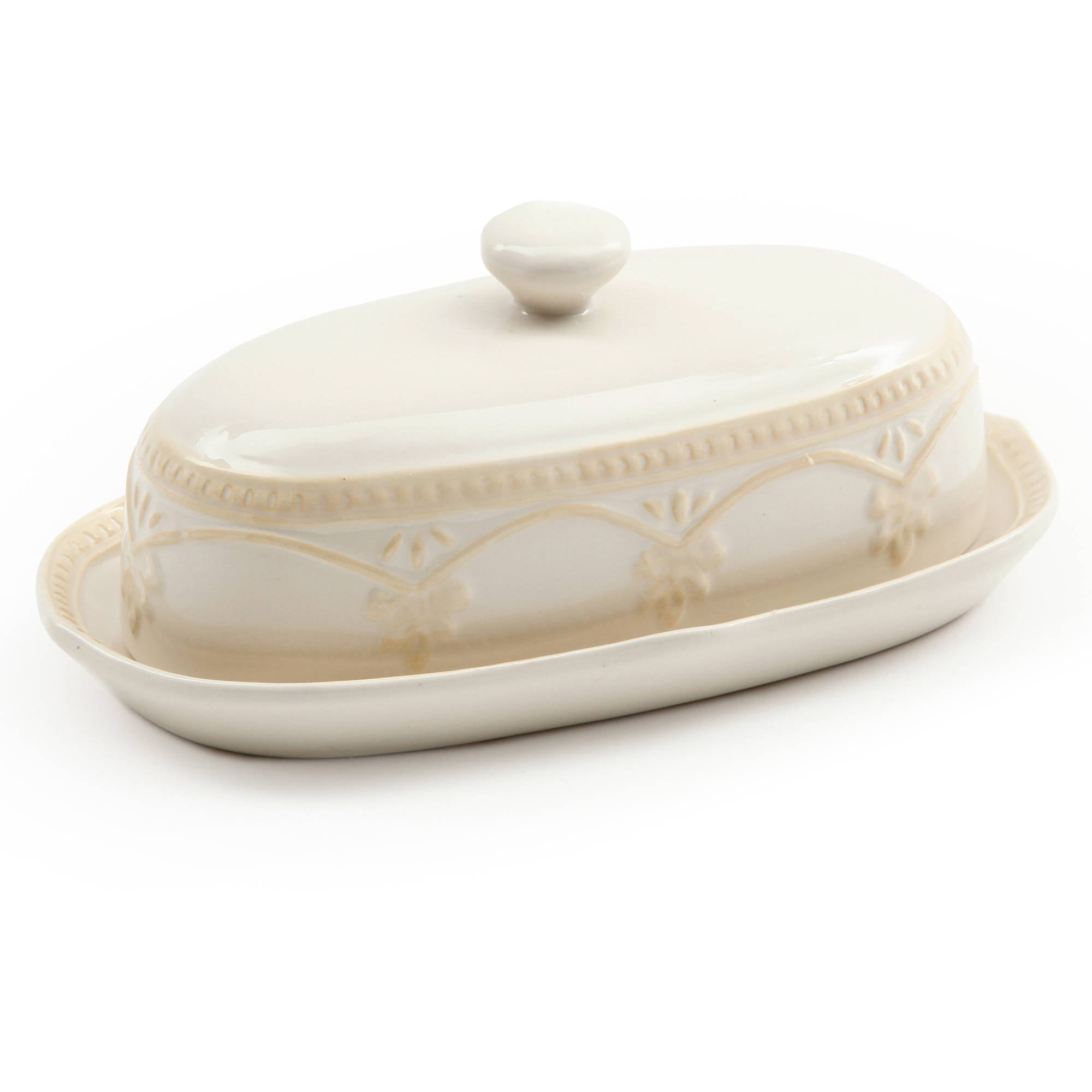 Pioneer Woman Stoneware Farmhouse Lace Linen Covered Butter Dish Salt Pepper NEW 