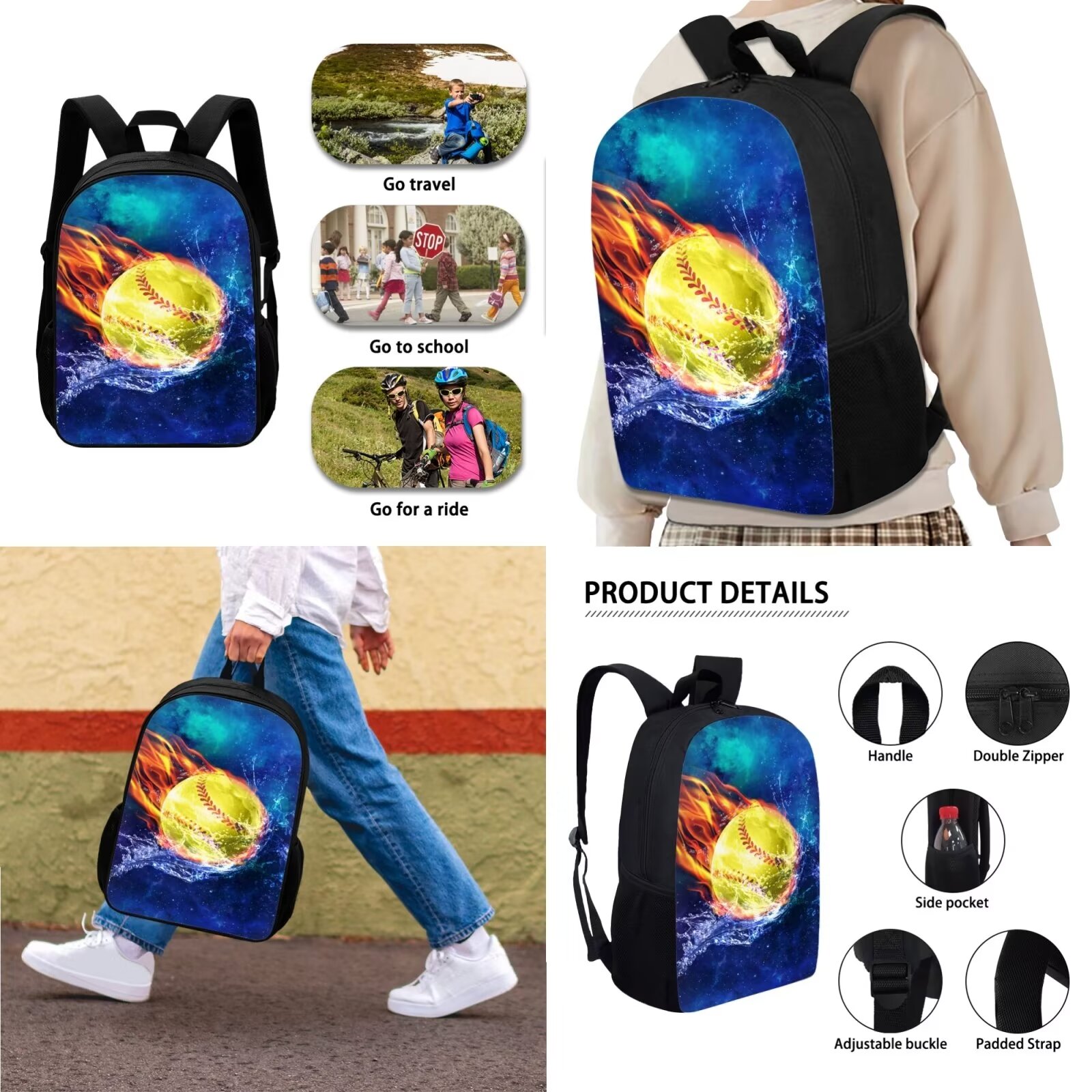 XYZCANDO Splatter Water Fire Softball Print Backpack Set for Student 17 Inch Travel Laptop Bag with Lunch Bag and Pencil Case, Rucksack Bookbag with Ergonomic Straps for Outdoor Traveling