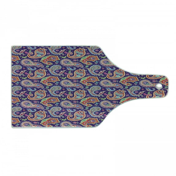 Paisley Cutting Board, Sixties and Seventies Hippie Themed Motives Geometrical and Floral Design Image Print, Tempered Glass Cutting and Serving Board, Wine Bottle Shape, Purple, by Ambesonne