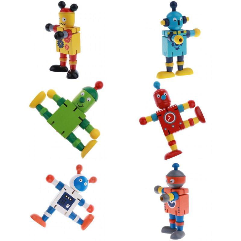 6pcs Wooden Walnut Puppet Robot Action Toy Flexible Joint Poseable Christmas 