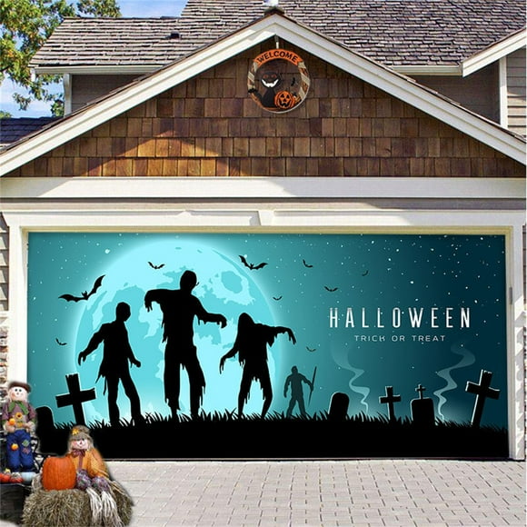 AKEGAMN Halloween Garage Door Decorations Banner 7 X 16 Ft Movie Characters Halloween Garage Door Cover For Double Car Garage Hanging Halloween Mural For Outdoor Party Perfect Halloween Garage Decor