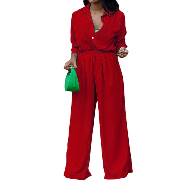 VISgogo Conjunto de pantalones para mujer, camisa de manga larga con botones y cintura elástica, pantalones de pierna ancha, atuendo de otoño VISgogo moda
