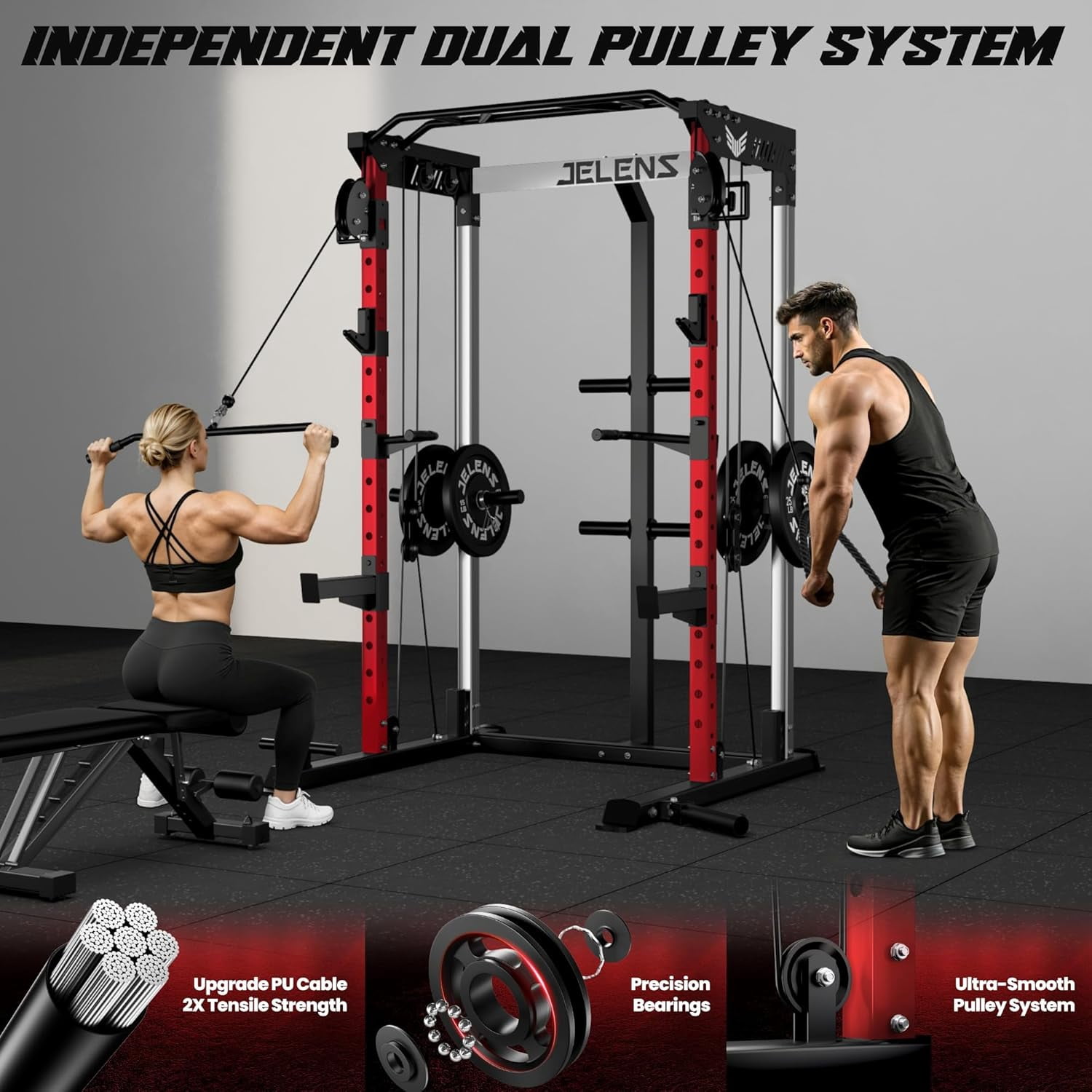 Multi-Function Power Rack Cage,2000lbs Dual Pulley Cable Crossover Machine with J Hooks, Dip Bars & Landmine for Home Gym