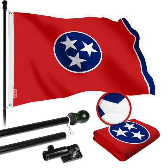 G128 Combo Pack: 5 Ft Tangle Free Spinning Flagpole (Black) & Tennessee Flag 2.5x4 Ft Embroidered 220GSM Spun Polyester, Brass Grommets (Flag Included) Aluminum Flag Pole