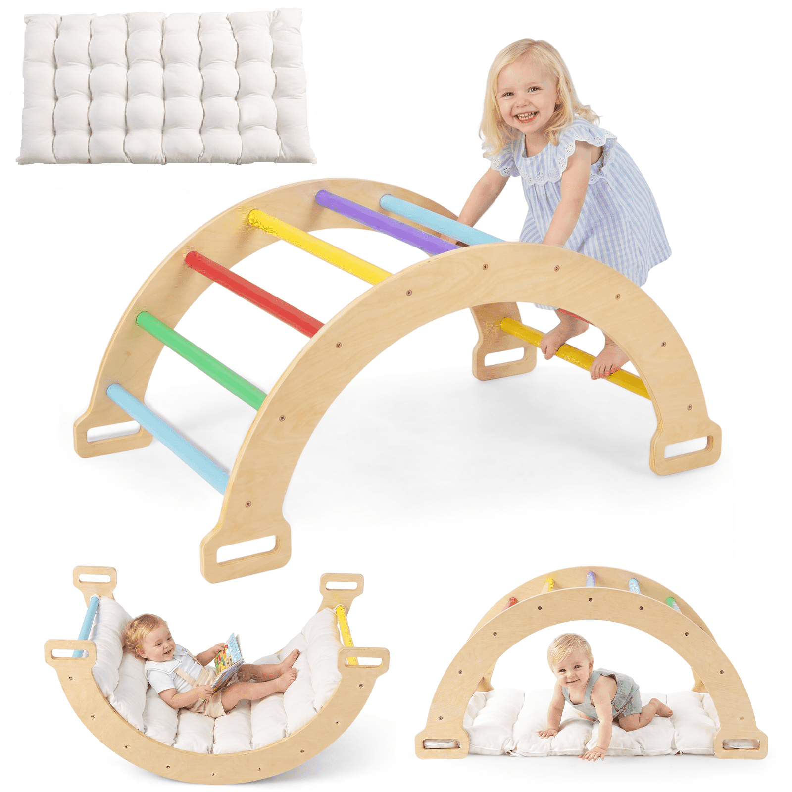 OLAKIDS 4 in 1 Arch Climbing Toys for Toddlers, Montessori Wooden Arch Climber Ladder Structure and Rocker with Cushion Pad, Waldorf Children Indoor Outdoor Gym Learning Playset for Kids Boys Girls