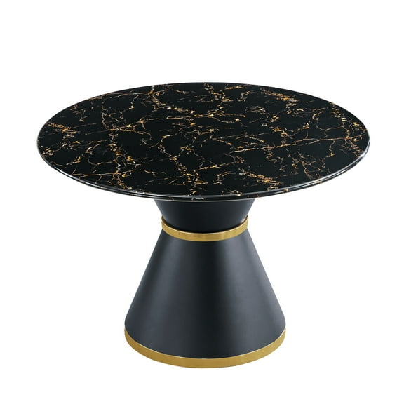 Historyli Go5H Round Dining Table, 47" Marble Printed Table, Round Faux Marble Dining Table With Black Columnar Base & Gold Annulus, Dining Room Decoration For 6-8 People