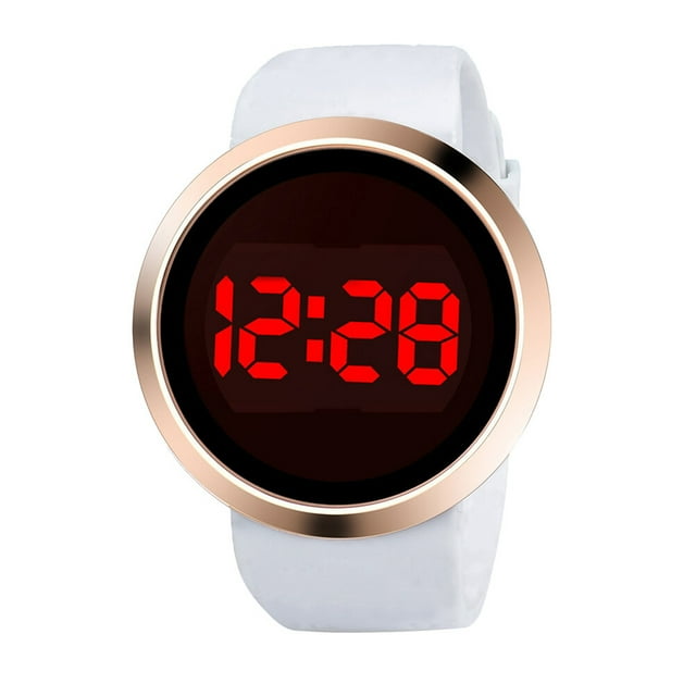 Reloj electrónico de pulsera con LED de aleación para hombre y mujer, con pantalla táctil, digital, ideal como regalo de cumpleaños (correa blanca dorada) (blanco)