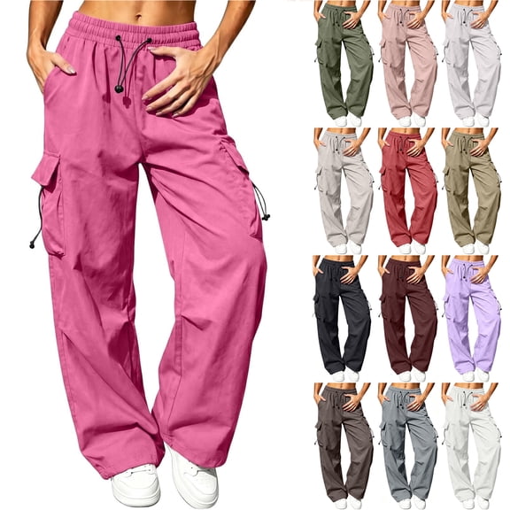 Bloomae Fashion Womens Parachute Pants Lightweight Casual Fall Drawstring Elastic High Waist Baggy Cargo Pants Loose Wide Straight Leg Outdoor Hiking Track Trousers with Multi-Pockets