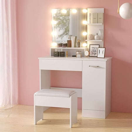Cozy Castle White Vanity Table with DIY Lighted Mirror, Dressing Table with Vanity Cushioned Stool, Makeup Vanity Table Set with Drawer and Storage Cabinet for Bedroom, Makeup Room