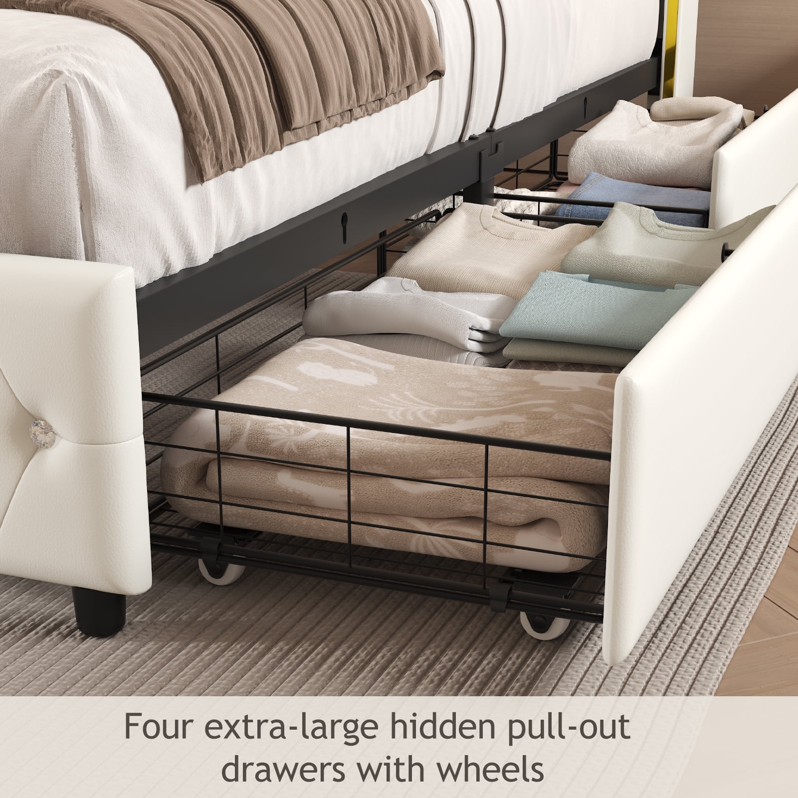 E-Motie Full Bed Frame with LED Lights & Charging Station, PU Leather Wingback Upholstered Platform Bed with 4 Storage Drawers, White